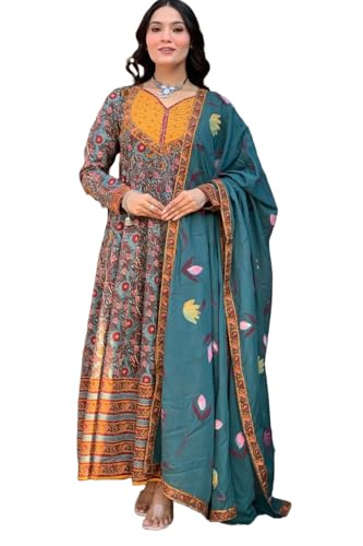 KLOSIA Kurta und Anarkali bedruckte Damenhose mit Dupatta, blau, 46 von KLOSIA