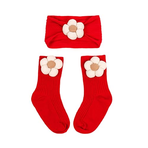 Blumen Stirnband Und Socken Set Für Babys Unisex Jungen Und Mädchen Süßer Kopfschmuck Gestrickte Babysocken Duschgeschenk Zubehör Elastisches Und Rutschfestes Baby Haarband von KLOVA