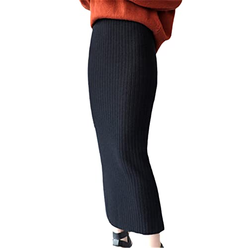 KLTOPZAN Herbst Winter Wollröcke Slim Gürtel Büro Lang Midi Rock Bleistiftrock Strickrock Wollrock, Schwarz , 52 von KLTOPZAN