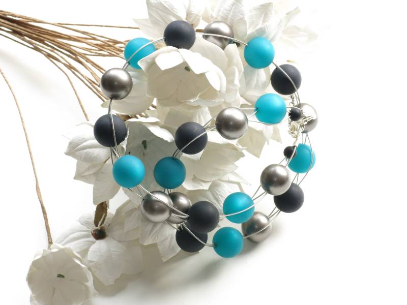Kette in Collierform Türkis, Schwarz Und Silber, 48-53 cm von KLUNKERQUEEN