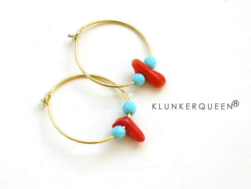 Ohrringe, Creolen, Rot Und Türkis Trifft Gold, Sommerohrringe von KLUNKERQUEEN