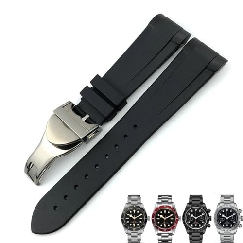 KLVN Gummi Silikon Armband 20mm 22mm für Tudor Black Bay 1958 GMT 41mm Pelagos Blau Orange Schwarz Sport Armband Geschenk Werkzeuge(Black fold,20mm) von KLVN
