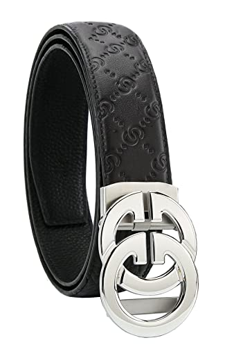 KLWINO Herrengürtel aus weichem Leder mit automatischer Schnalle und Ratsche, verstellbare Länge, Prägung: Schwarz / Silber, 20-44W von KLWINO