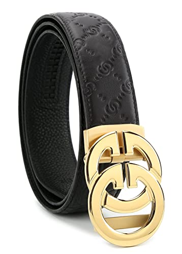 KLWINO Herrengürtel aus weichem Leder mit automatischer Schnalle und Ratsche, verstellbare Länge, Prägung: Schwarzgold, 20-44W KLWINO Herrengürtel aus weichem Leder mit automatischer Schnalle und Ratsche, verstellbare Länge, Prägung: Schwarzgold, 20-44W von KLWINO