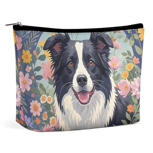 KLWQR Border Collie Make-up-Tasche mit Blumenmuster, wasserdichte Kosmetiktasche, Make-up-Tasche mit Reißverschluss, Reise-Kulturbeutel, Organizer für Damen, Stil, Einheitsgröße von KLWQR