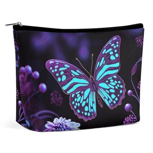 KLWQR Make-up-Tasche mit Schmetterlingen und Blumen, wasserdicht, Kosmetiktasche mit Reißverschluss, Reise-Kulturbeutel, Organizer für Damen, Einheitsgröße, Violett, Stil:, Einheitsgröße von KLWQR