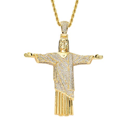 Moca Schmuck Iced Out Christus Jesus Kreuz Anhänger Halskette 18 Karat Vergoldet Bling CZ Simulierte Diamant Hip Hop Rapper Kette Halskette für Männer Frauen (Gold) von KMASAL