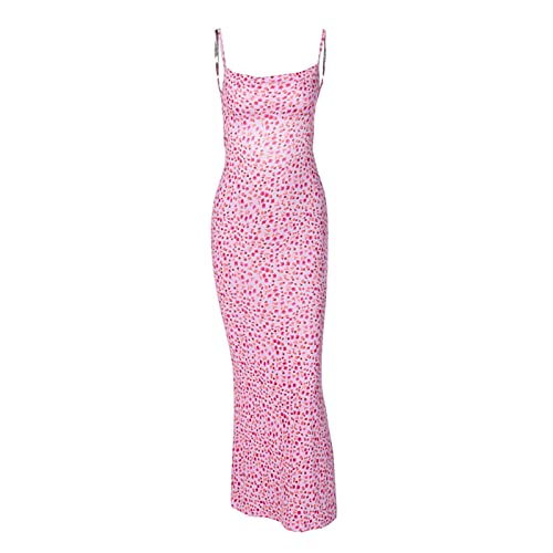 Frauen Ausschnitt Rückenfreies Maxikleid Sexy Ärmellos Split Cocktail Kleider Bodycon Spaghettiträger Langes Kleid Party, Blume/Pink, Mittel von KMBANGI