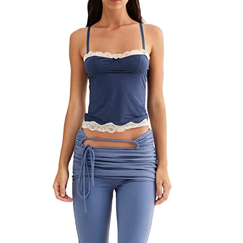 Damen Y2K Cami Tank Top Spaghettiträger Spitzenbesatz Camisoles quadratischer Ausschnitt ärmellos bauchfreies Top Sommer Streetwear, Top mit Spitzenbesatz in Blau, Klein von KMBANGI