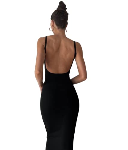 Frauen Ausschnitt Rückenfreies Maxikleid Sexy Ärmellos Split Cocktail Kleider Bodycon Spaghettiträger Langes Kleid Party, Offene Rückseite, schwarz., Groß von KMBANGI