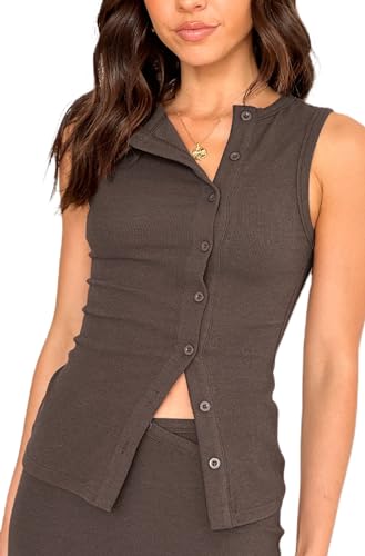 KMBANGI Damen-Tanktop mit Knopfleiste, gerippt, Knopfleiste, vorne offen, ärmellos, schmale Passform, elegantes Top, Asymmetrisches Grau, Mittel KMBANGI Damen-Tanktop mit Knopfleiste, gerippt, Knopfleiste, vorne offen, ärmellos, schmale Passform, elegantes Top, Asymmetrisches Grau, Mittel von KMBANGI