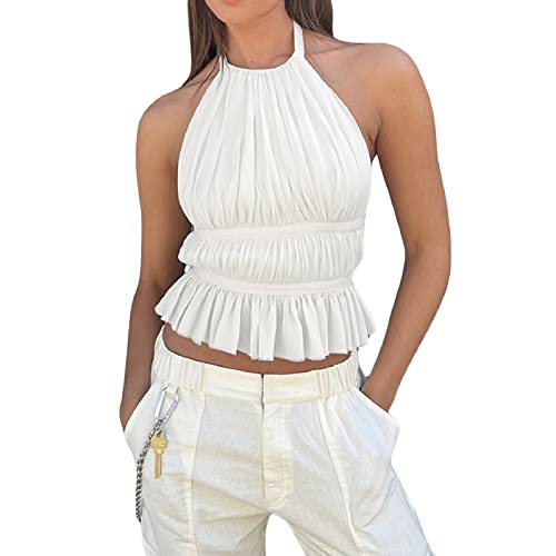 Trägerloses Crop Top für Frauen Twist Front Hollow Knitted Tube Top Ärmellos Bandeau Bustier Tops Ästhetische Kleidung, Halfter Plissee weiß, Klein von KMBANGI