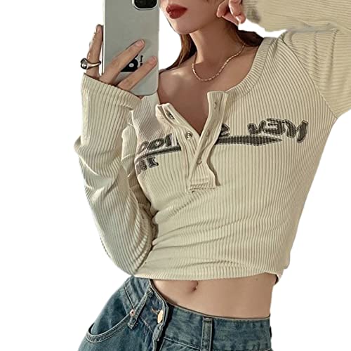 Y2K E-Girls 90er Jahre Langarmshirt mit Gesichtsdruck, Grafikdruck, schmale Passform, Bluse, H01-Apricot, Klein von KMBANGI