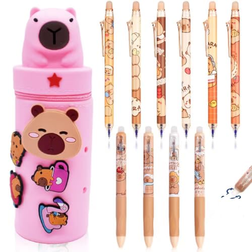 KMFASVX Kawaii Federmäppchen 2 in 1 Weiche Silikontasche and 10 PCS Löschbare einziehbare Stifte,Federmäppchen,Stand Up Federmäppchens,Tier Stifthalter Bleistifttasche Mädchen Junge - Capybara (Pink) von KMFASVX