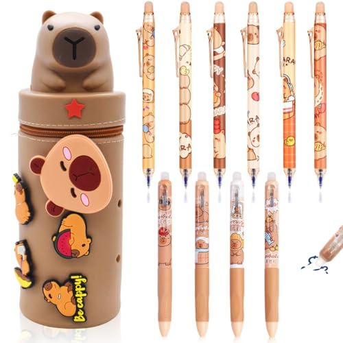 Kawaii Federmäppchen 2 in 1 Weiche Silikontasche and 10 PCS Löschbare einziehbare Stifte,Federmäppchen,Stand Up Federmäppchens,Tier Stifthalter Bleistifttasche Mädchen Junge - Capybara (Light Brown) von KMFASVX