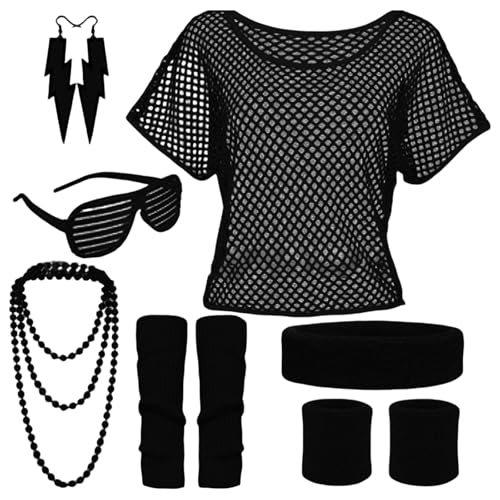 KMGDM 80er Jahre Kostüm Zubehör Workout Stirnband Ohrring Hemd Halskette Armband für 80er Jahre Retro Party Dekorationen, Recommended Weight:Suitable for Under 70kg, Stoff von KMGDM