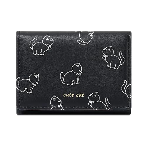 KMGDM Cartoon Cats Designs Damen Trifold Wallet in Schwarz PU Leder Münzbörse Kartenhalter mit Klarem Fenster für den täglichen Gebrauch, Schwarz , 10.7x2x8cm, Wie abgebildet von KMGDM