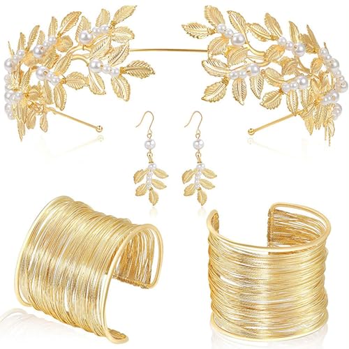 KMGDM Griechische Göttinnen Kostüm Zubehör Set für Frauen Goldene Lorbeeren Blatt Kronen Stirnband Oberarmmanschetten Spulenarmbänder, mixed size, Metall von KMGDM