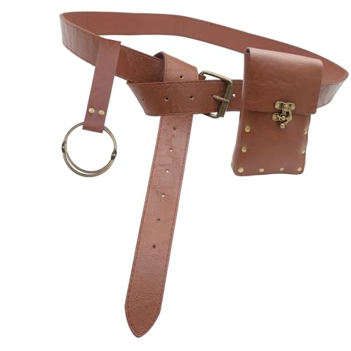 KMGDM Mittelalterliche Gürteltasche aus Leder, Renaissances-Kostüm, Zubehör, LARP, Gürteltasche, Geldbeutel, Geldbeutel, Geschenk, Braune Gürteltasche, belt: 125x5cm, bag: 18x11cm, Keychain: 13.5cm von KMGDM