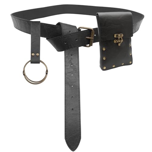KMGDM Mittelalterliche Gürteltasche aus Leder, Renaissances-Kostüm, Zubehör, LARP, Gürteltasche, Geldbeutel, Geldbeutel, Geschenk, Schwarze Gürteltasche, belt: 125x5cm, bag: 18x11cm, Keychain: 13.5cm von KMGDM