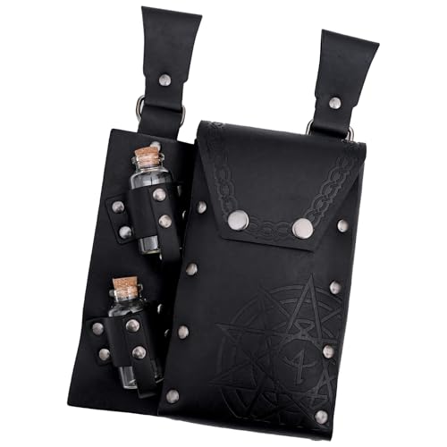 KMGDM Mittelalterliche Gürteltaschen aus Leder mit 2 Flaschenhalter Zauberer Hüfttasche Mittelalter Leder Seitentasche für Halloween Cosplay, Schwarz , 17cm＋6cmx16cm von KMGDM