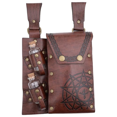 KMGDM Mittelalterliche Gürteltaschen aus Leder mit 2 Flaschenhalter Zauberer Hüfttasche Mittelalter Leder Seitentasche für Halloween Cosplay, braun, 17cm＋6cmx16cm von KMGDM