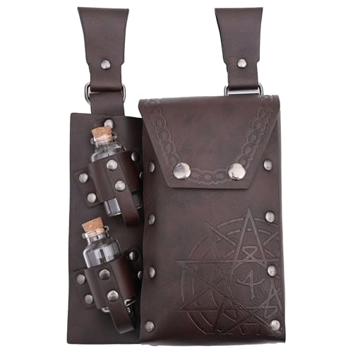 KMGDM Mittelalterliche Gürteltaschen aus Leder mit 2 Flaschenhalter Zauberer Hüfttasche Mittelalter Leder Seitentasche für Halloween Cosplay, dunkelbraun, 17cm＋6cmx16cm von KMGDM