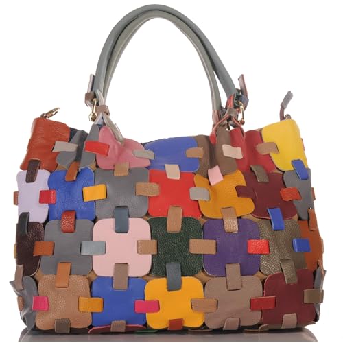 KMISSO Damen Leder Patchwork Umhänge Shopper Schulter Henkel Tasche 30666 von KMISSO