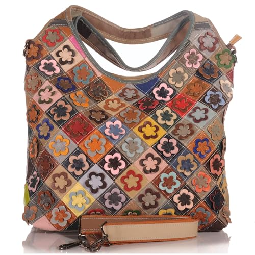 KMISSO Damen Leder Patchwork Umhänge Shopper Schulter Tasche Echt Leder 30662 von KMISSO