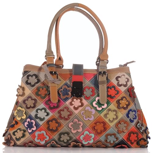 KMISSO Damen Leder Patchwork Umhängetasche Shopper Schultertasche 30658 von KMISSO