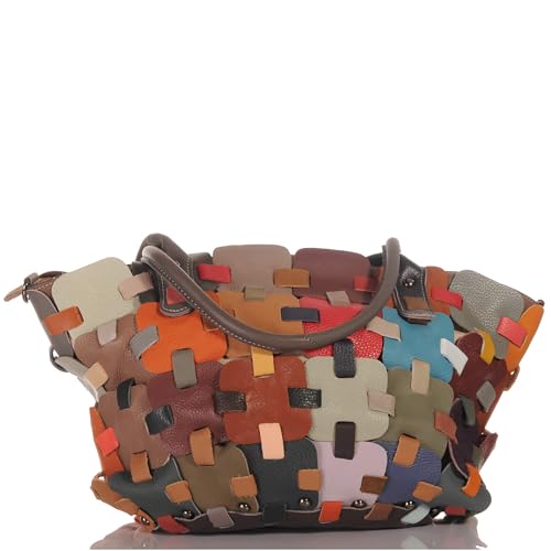 KMISSO Damen Leder Patchwork Umhängetasche Shopper Schultertasche 30668 von KMISSO