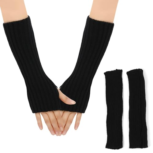KMKANPO 1 Paar fingerlose lang handschuhe damen,pulswärmer damen,Pulswärmer Winter Strickhandschuhe,thermo handschuhe,Halb Fingerlose Handschuhe Armwärmer Stulpen Unisex(Schwarz) von KMKANPO