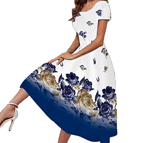 KMKM Sommerkleid Damen Elegant, Vintage Partykleid Strandkleid für Frauen Boho Blumendruck Kleider Damen Elegante Casual Rundhals Kleid Damen Kurzarm Sommerkleider Damen Lang von KMKM