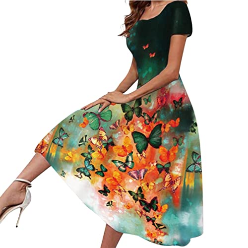 KMKM Sommerkleid Damen Elegant, Vintage Partykleid Strandkleid für Frauen Boho Blumendruck Kleider Damen Elegante Casual Rundhals Kleid Damen Kurzarm Sommerkleider Damen Lang von KMKM