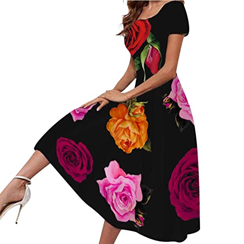 KMKM Sommerkleid Damen Elegant, Vintage Partykleid Strandkleid für Frauen Boho Blumendruck Kleider Damen Elegante Casual Rundhals Kleid Damen Kurzarm Sommerkleider Damen Lang von KMKM