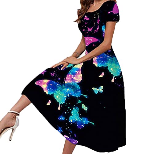 KMKM Sommerkleid Damen Elegant, Vintage Partykleid Strandkleid für Frauen Boho Blumendruck Kleider Damen Elegante Casual Rundhals Kleid Damen Kurzarm Sommerkleider Damen Lang von KMKM