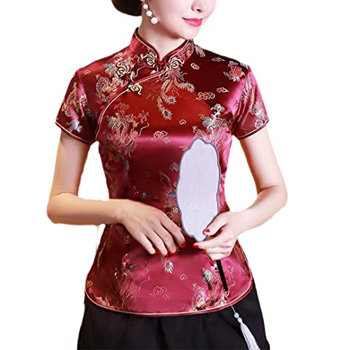 Damen traditionelle chinesische Blumenbluse Kurzarm Qipao Bluse Sommer Kurzarm Tops Wine Red Dragon M von Byblos