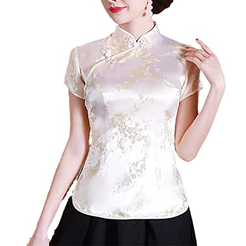 Damen traditionelle chinesische Blumenbluse Kurzarm Qipao Bluse Sommer Kurzarm Tops Yellow Flower L von Byblos