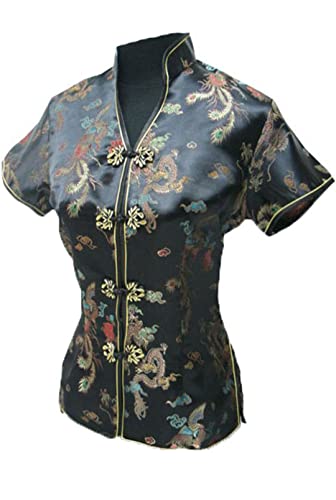 Seidensatin-Bluse mit V-Ausschnitt für Damen, traditionelles chinesisches Cheongsam-Hemd mit Blumendruck Black M von Byblos