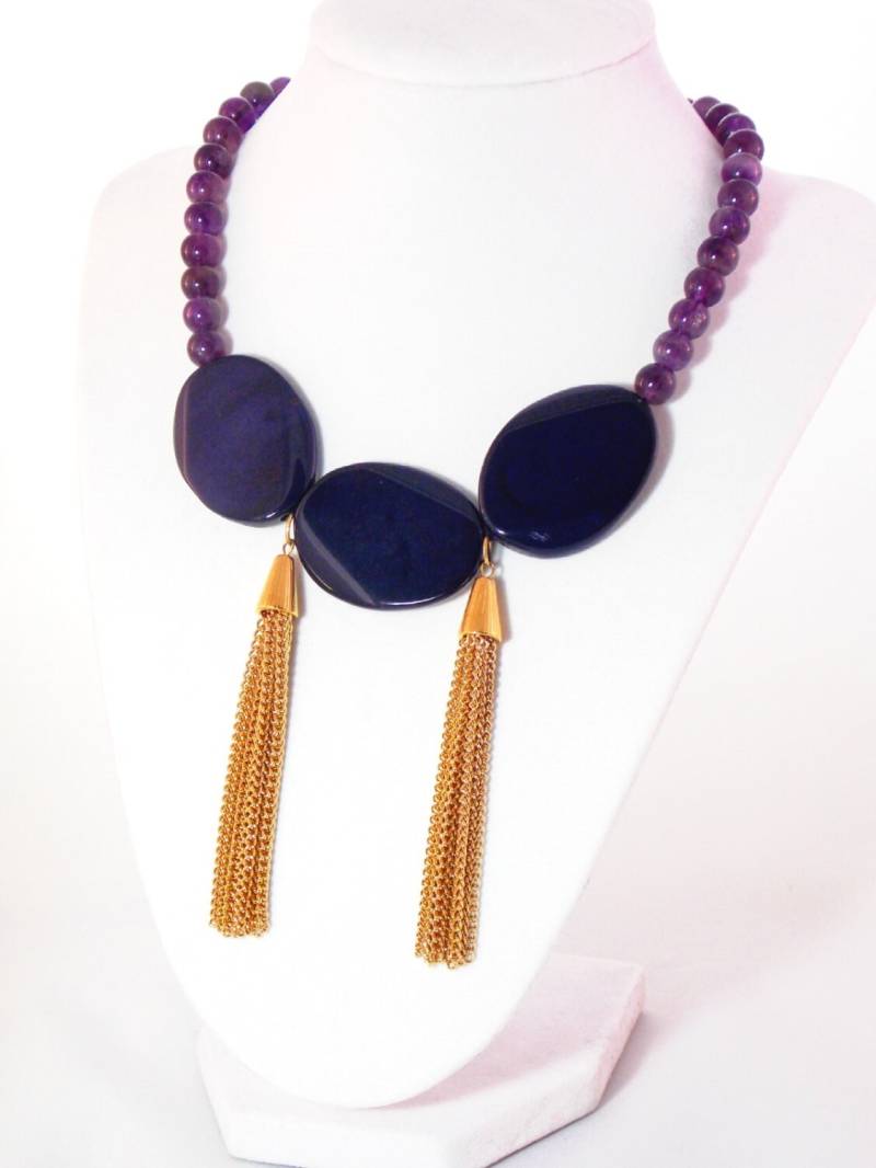 Amethyst Achat, Gold Quaste Kette, Chunky Bold Perlen Edelstein Bib Statement Halskette von KMagnifiqueDesigns