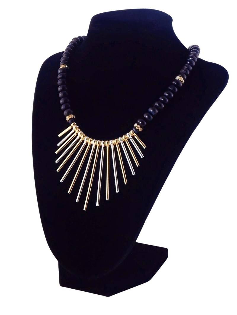 Blaue Tigerauge Silber Und Gold Fächer Form Statement Halskette von KMagnifiqueDesigns