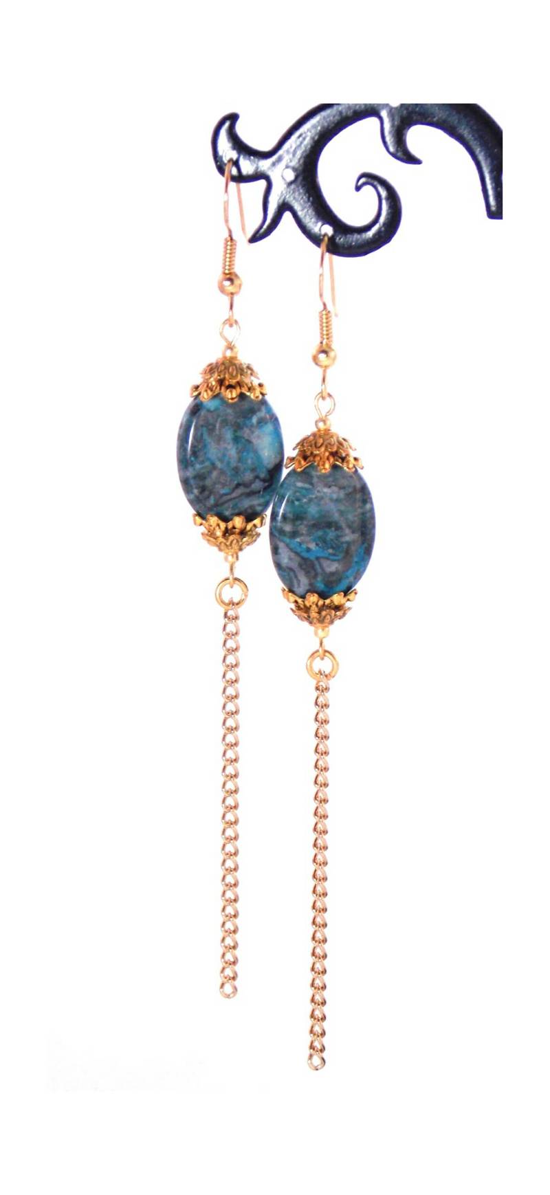 Blauer Spitze Achat Stein, Lange Gold Baumeln Lassen Edelstein Ohrringe | Clip Auf Optional von KMagnifiqueDesigns