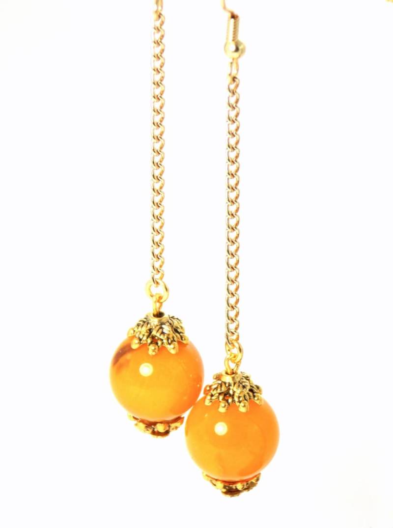 Gelber Achat, Lange Goldkette, Ball-Tropfen-Ohrringe | Clip-On Optional von KMagnifiqueDesigns