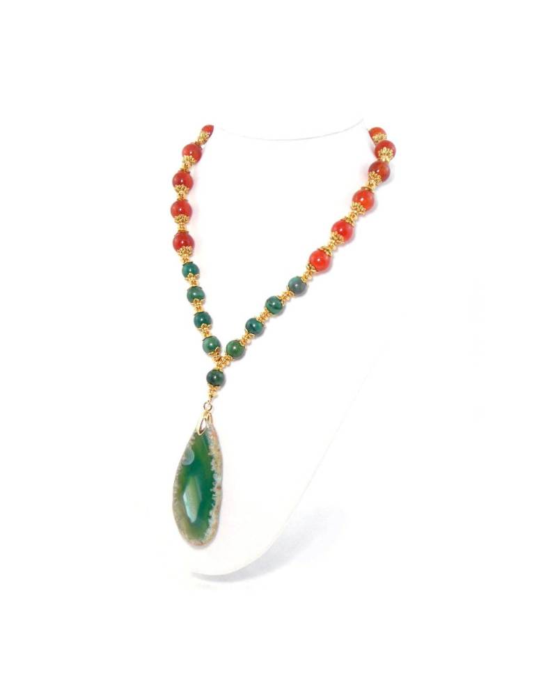 Grün Orange Achat Stein, Gold Perlen Edelstein Tropfen Anhänger Statement Halskette von KMagnifiqueDesigns