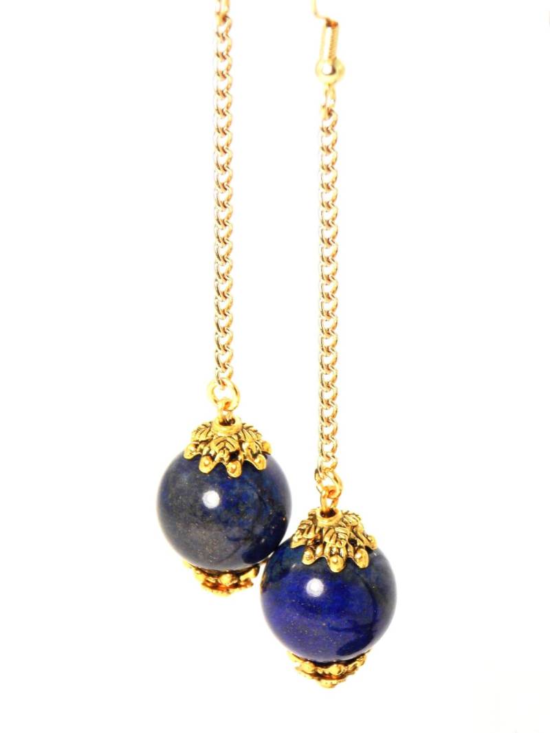 Lapislazuli, Goldkette, Ball Drop Lange Baumelnde Stein Statement Ohrringe | Clip On Optional | Kobalt Blau von KMagnifiqueDesigns