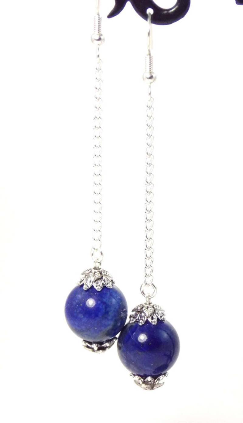 Lapislazuli, Lange Silberkette, Ball Drop Ohrringe | Clip On Optional | Blau Kobalt Blau von KMagnifiqueDesigns