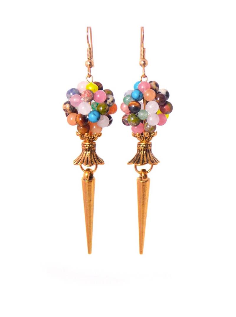 Multi Color Regenbogen Stein, Gold Spike Baumeln Statement Ohrringe | Clip On Optional | Einzigartige Lustige von KMagnifiqueDesigns