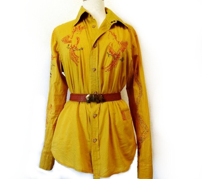 1970Er Jahre Baumwollhemd Western Gestickte Adler-Schlange Langarm Von Diesel Medium/Large von KMalinkaVintage