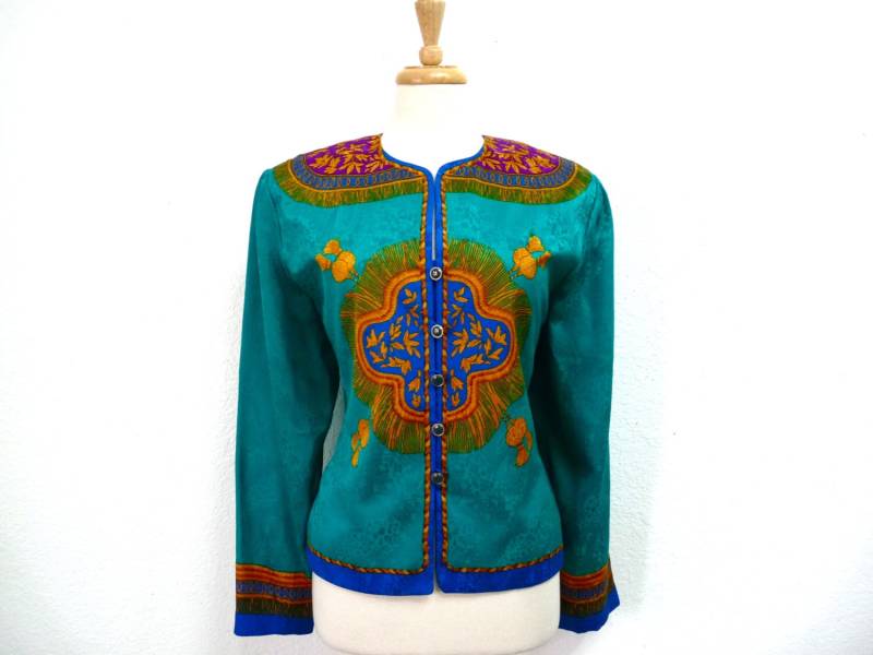 1980Er Jahre Bluse Seide Barock Medaillon Gold Quaste Von I. Magnin Damen Medium/Large von KMalinkaVintage