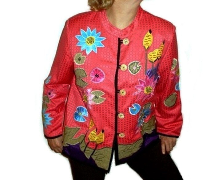 Vintage 1980Er Jahre Jacke Baumwolle Blumen Fuchsie Patchwork Gestickte Art Wear | Groß von KMalinkaVintage